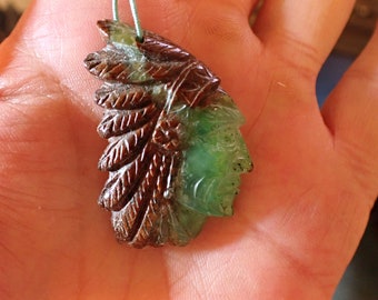 Hand Carved Chrysoprase Gemstone Indian Head Pendant