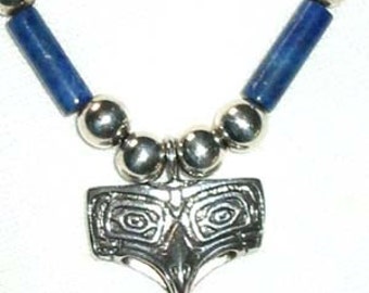 BIRD FACE Pendant on LAPIS Necklace with sterling  16 inch
