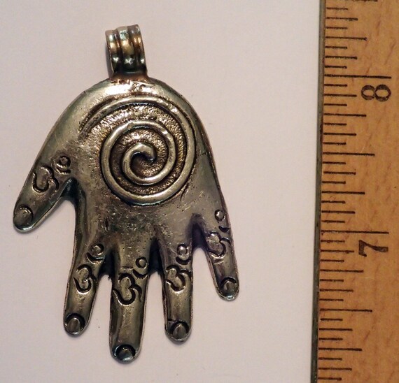 Nickle Silver Hand Pendant with Swirl and Ohm des… - image 2