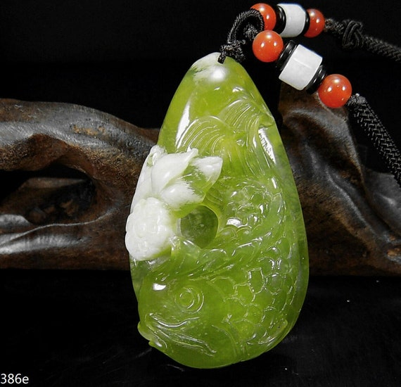 Carved Jade Fish and White Lotus Blossom Pendant Jadeite Necklace Etsy Canada