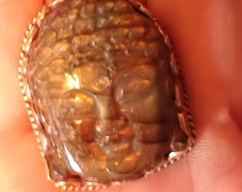 Flashy Labradorite Buddha Face in Tibetan Silver Ring. adjustable