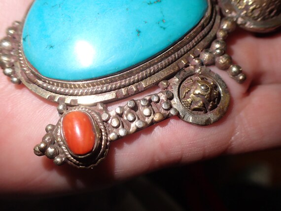 Large Turquoise Coral Brass Pendant - image 5