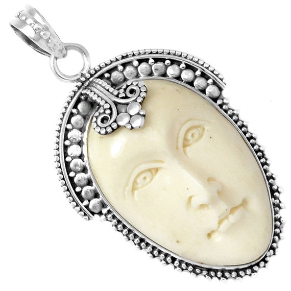 Goddess Face Pendant Carved Camel Bone 925 Sterling S… Gem
