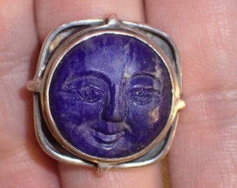 Lapis Lazuli carved Face Sterling Ring, adjustable