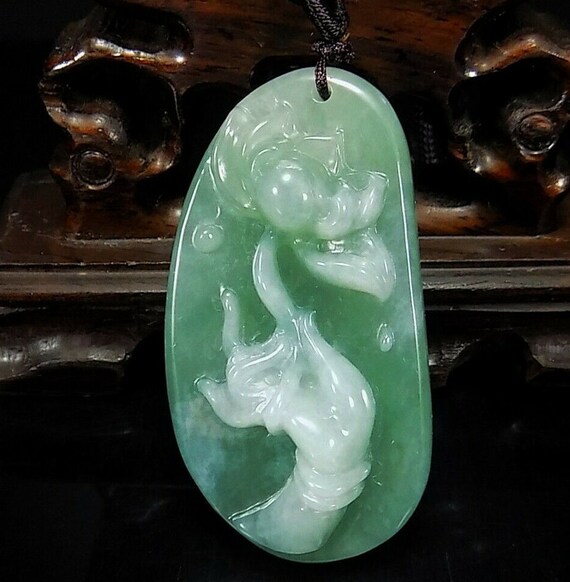 Certified Light green Lavender Natural Grade A Jade jadeite Hand-Carved  Fish Lotus  Pendant 215