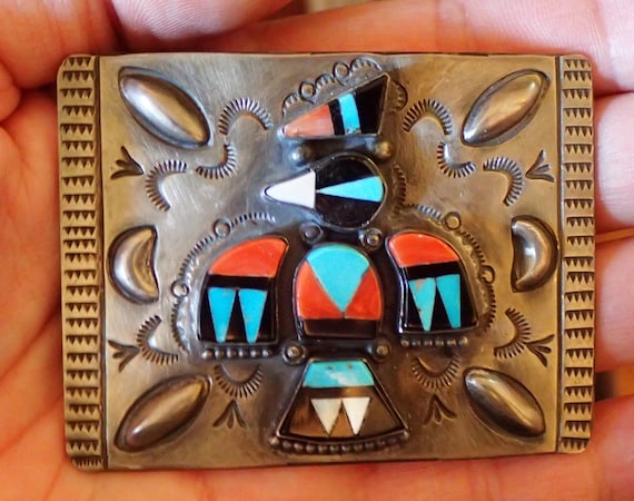 Item #1009A- Vintage Turquoise Chip Red Opal Inlay Owl Nickel