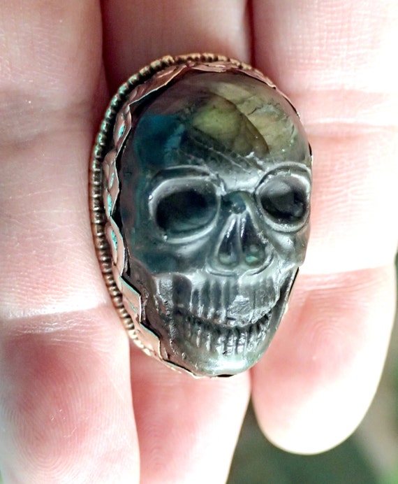 Skull Carved Gemstone Labradorite Face in Sterlin… - image 2