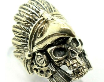 Eagle and Indian Skull Biker Sterling Silver Ring Sz.9.5