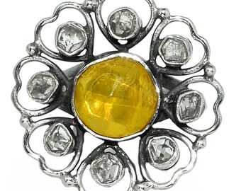 Baltic Amber and Herkimer Diamond Sterling Silver Ring sz 7.5