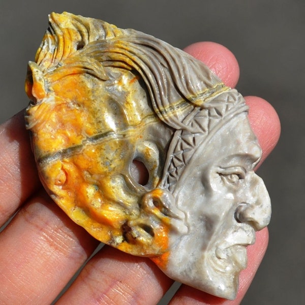 Indian face and Horse Carved in Natural Bumble Bee Jasper Pendant
