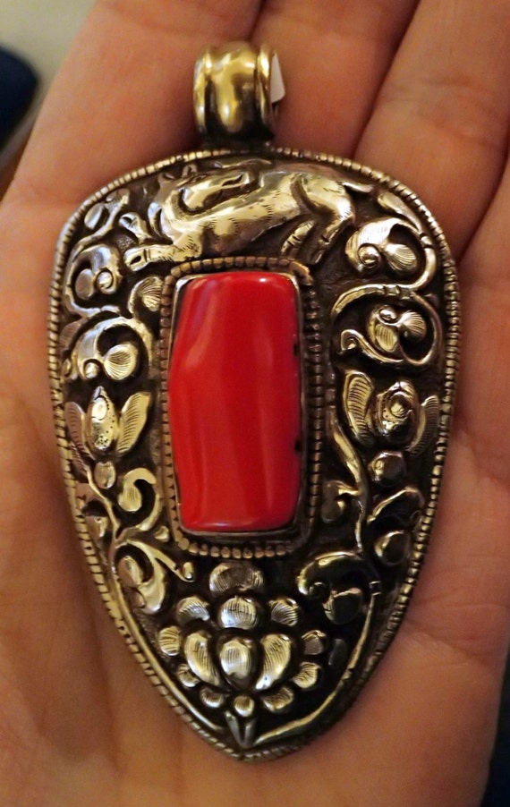Vintage Coral Tibetian Silver Pendant