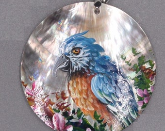 Hand Painted Parrot Bird on Shell Pendant Necklace