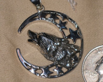 Wolf / Coyote howling in Moon Sterling Silver Pendant