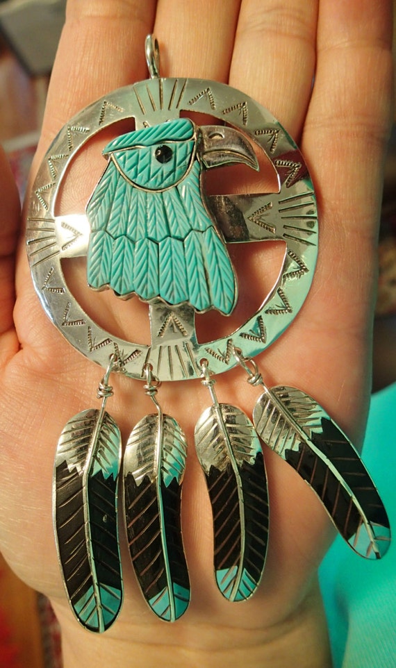 Medicine Wheel Eagle and Feather Pendant with Turq