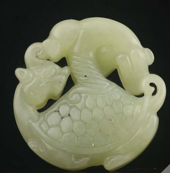 Hand-carved Jade Turtle and Dragon Pendant  2 side