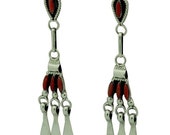 Earrings, Dangle, Mediterranean Coral, Needlepoint,Dan Etsate Zuni, 2 3 8 inch