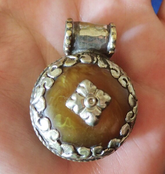Old Amber in Tibetan Silver Pendant with red - image 2