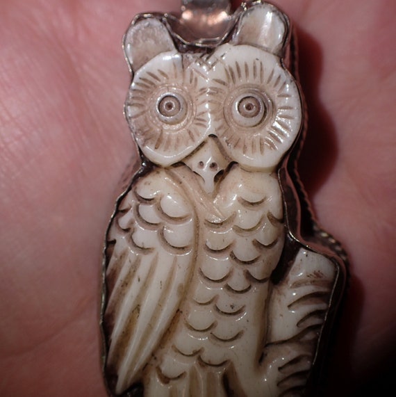 Carved Owl Bird Pendant in Tibetan Silver - image 2