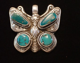 Large Butterfly Pendant with  Turquoise in Sterling Silver