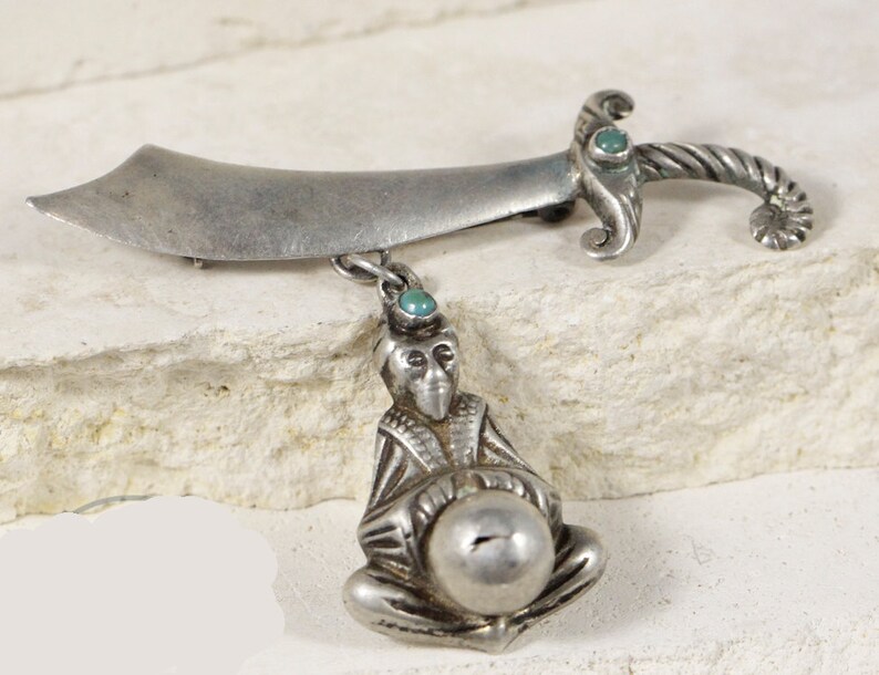 Vintage Sterling Sword with Turban Man Monkey brooch with turquoise