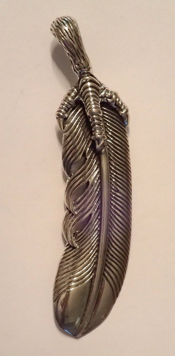 Sterling Silver Feather with Claw Pendant  NICE