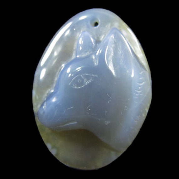 Hand Carved Fox Wolf Dog Natural Agate Pendant - image 1