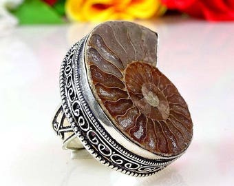 Big Fossil Ammonite Sterling Silver Ring size 9.25