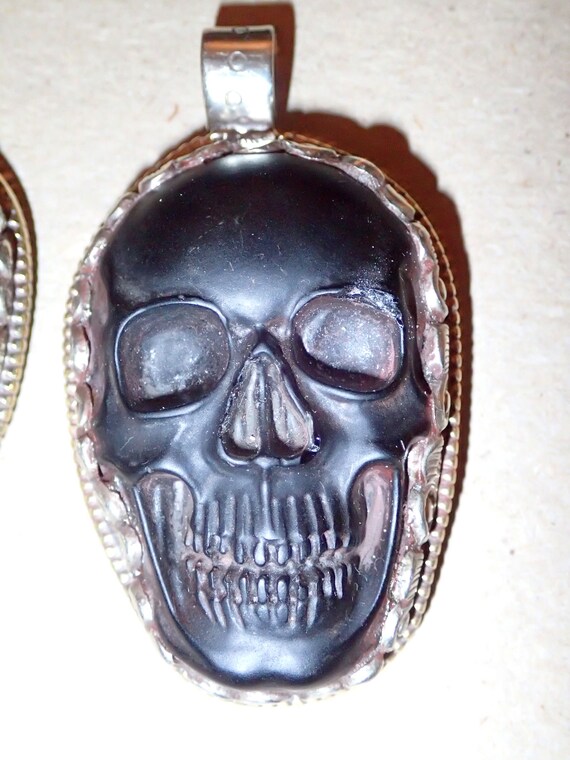 Skull Pendant Carved Matte Black Obsidian Face In Tibetan Silver Ex Large - Black Obsidian Skull Pendant Skull Pendant Carved Matte Black Obsidian Face In Tibetan Silver Ex Large - Black Obsidian Skull Pendant