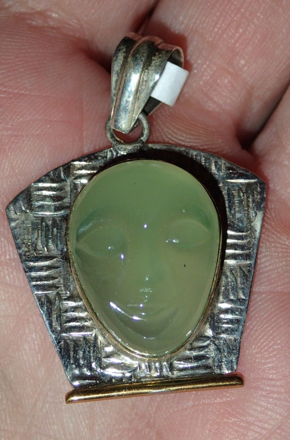 Jade carved green Face Sterling Pendant