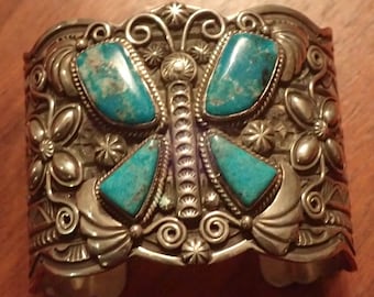 Wide Sterling Silver Museum Quality Turquoise Butterfly Cuff Bracelet  by Darrell Cadman WOW!