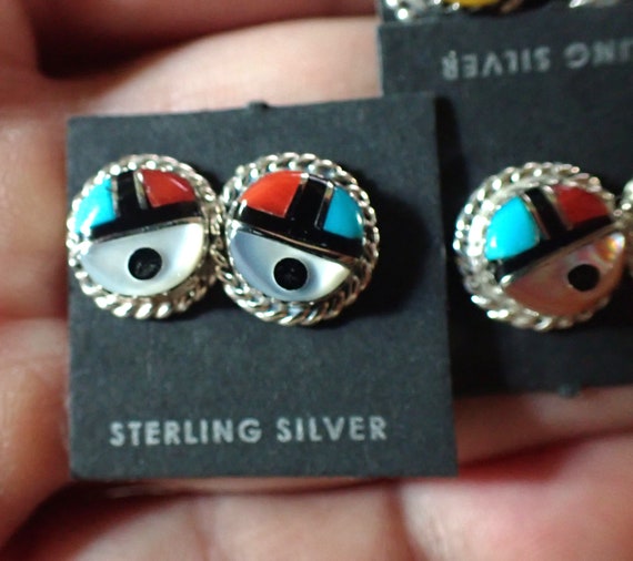 Detailed Vintage Native American Zuni Turquoise Coral Inlay Sterling Silver Face Earrings Detailed Vintage Native American Zuni Turquoise Coral Inlay Sterling Silver Face Earrings