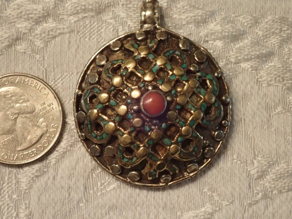 Brass Round Pendant with red Amber and Turquoise - image 1