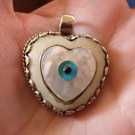 Heart Carved Pendant with mother of Pearl and eye… - image 1
