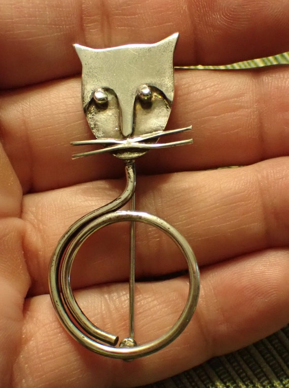 Sterling Cat Brooch Pin Delfino Taxco  Modernist M