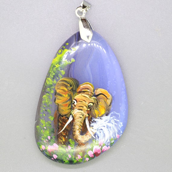 Hand Painted Elephant Agate Pendant Necklace