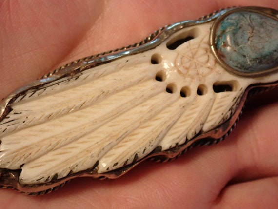 Feather Headdress Pendant with Turquoise in Tibet… - image 2
