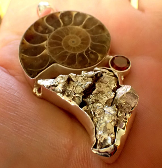 Meteorite and Ammonite Pendant in Sterling - image 2