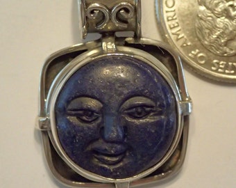 Lapis Lazuli carved Blue Moon Face Sterling Pendant