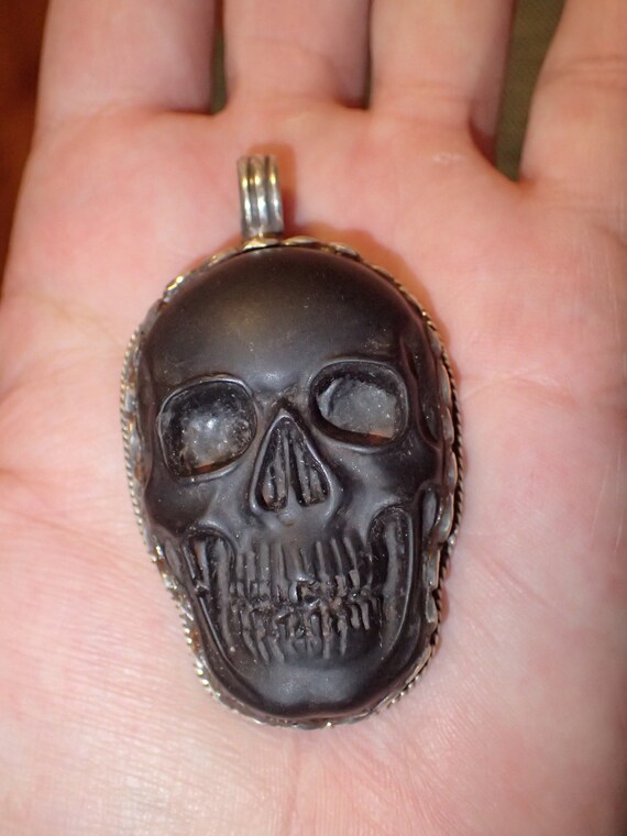 Skull Pendant Carved Matte Black Obsidian Face In Sterling Ex Large - Black Obsidian Skull Pendant Skull Pendant Carved Matte Black Obsidian Face In Sterling Ex Large - Black Obsidian Skull Pendant