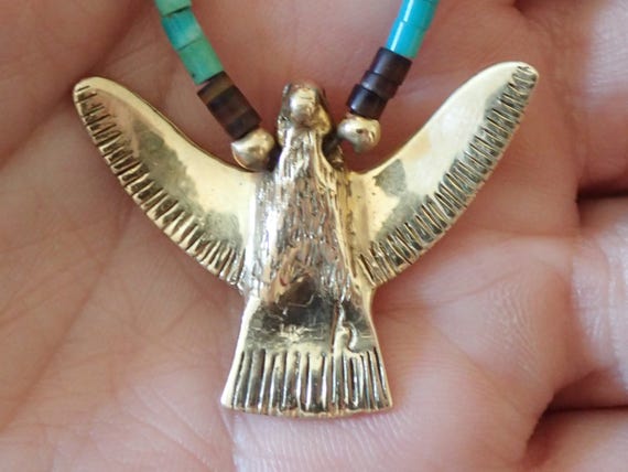14k Gold Eagle Necklace Turquoise Heshi And 14k Gold Beads Zuni Navajo 175 Inch Long