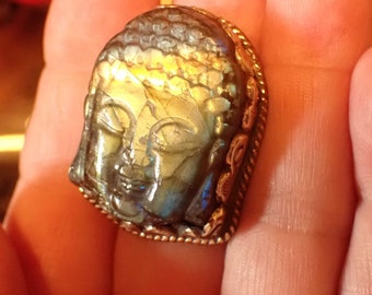 Large Labradorite Buddha Face in Tibetan Silver Ring. adjustable