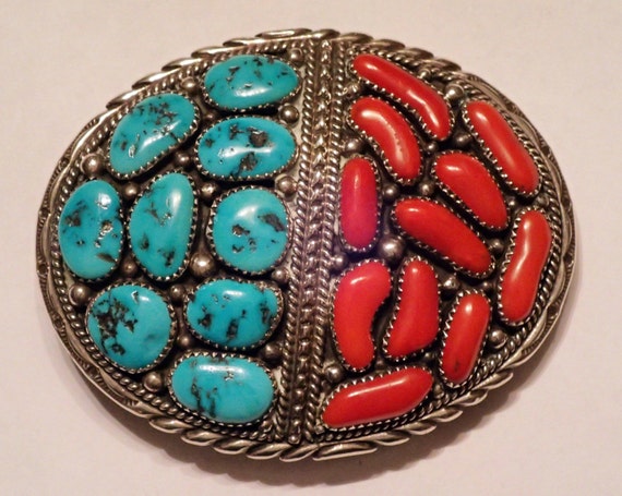 Chunky Dunky Vintage Native American Navajo Coral Sterling Silver Buckle Chunky Dunky Vintage Native American Navajo Coral Sterling Silver Buckle