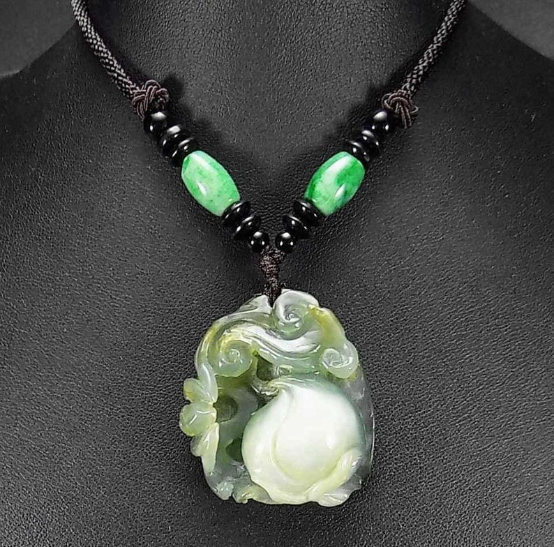 Peach Bat and Ruyi Jade carved Pendant with jadite beaded cord