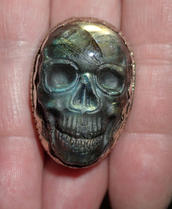 Skull Carved Gemstone Labradorite Face in Sterlin… - image 1
