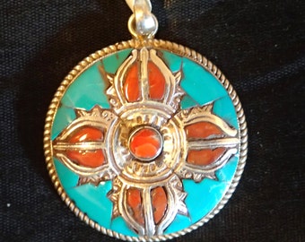 Nice Turquoise Coral Inlay Sterling Silver Pendant