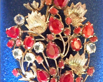 Large Ruby and white Topaz Sterling Floral Brooch or Pendant