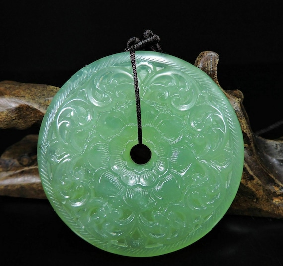 Lotus Flower Donut Coin Natural Hand-carved Jade … - image 1