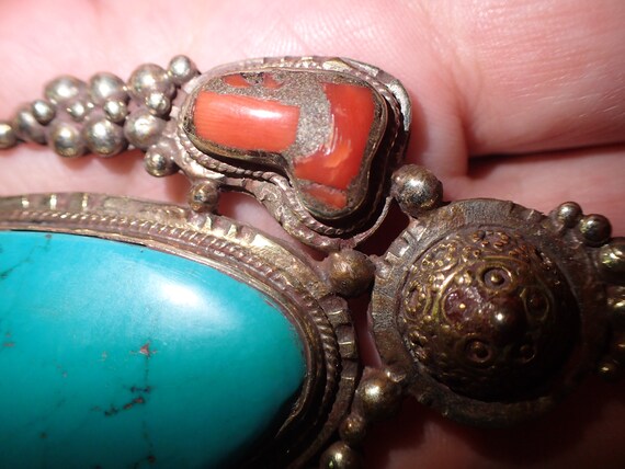 Large Turquoise Coral Brass Pendant - image 6