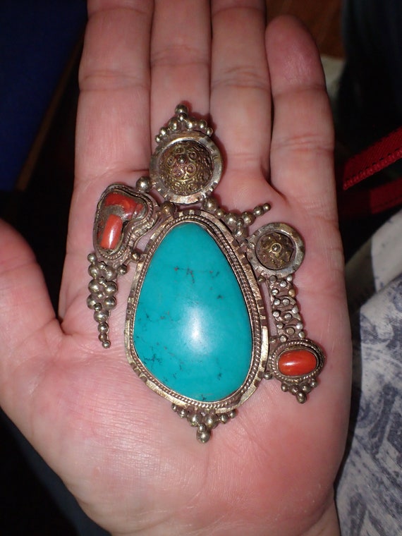 Large Turquoise Coral Brass Pendant - image 1