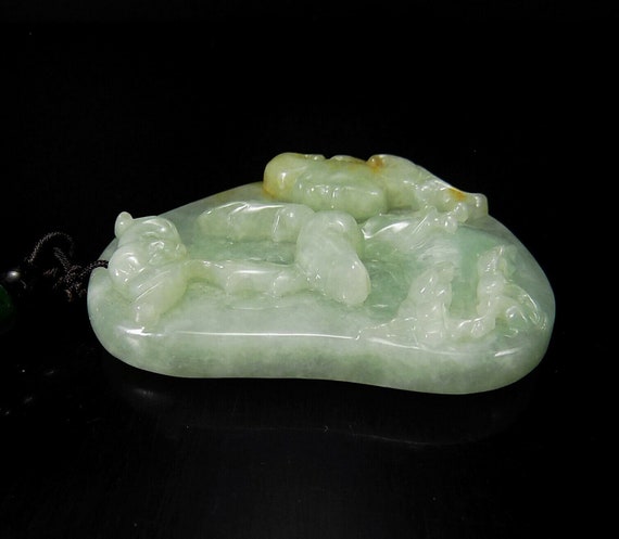 Jadeite Deer Bat and Ruyi Pendant Unique, Green 1… - image 8